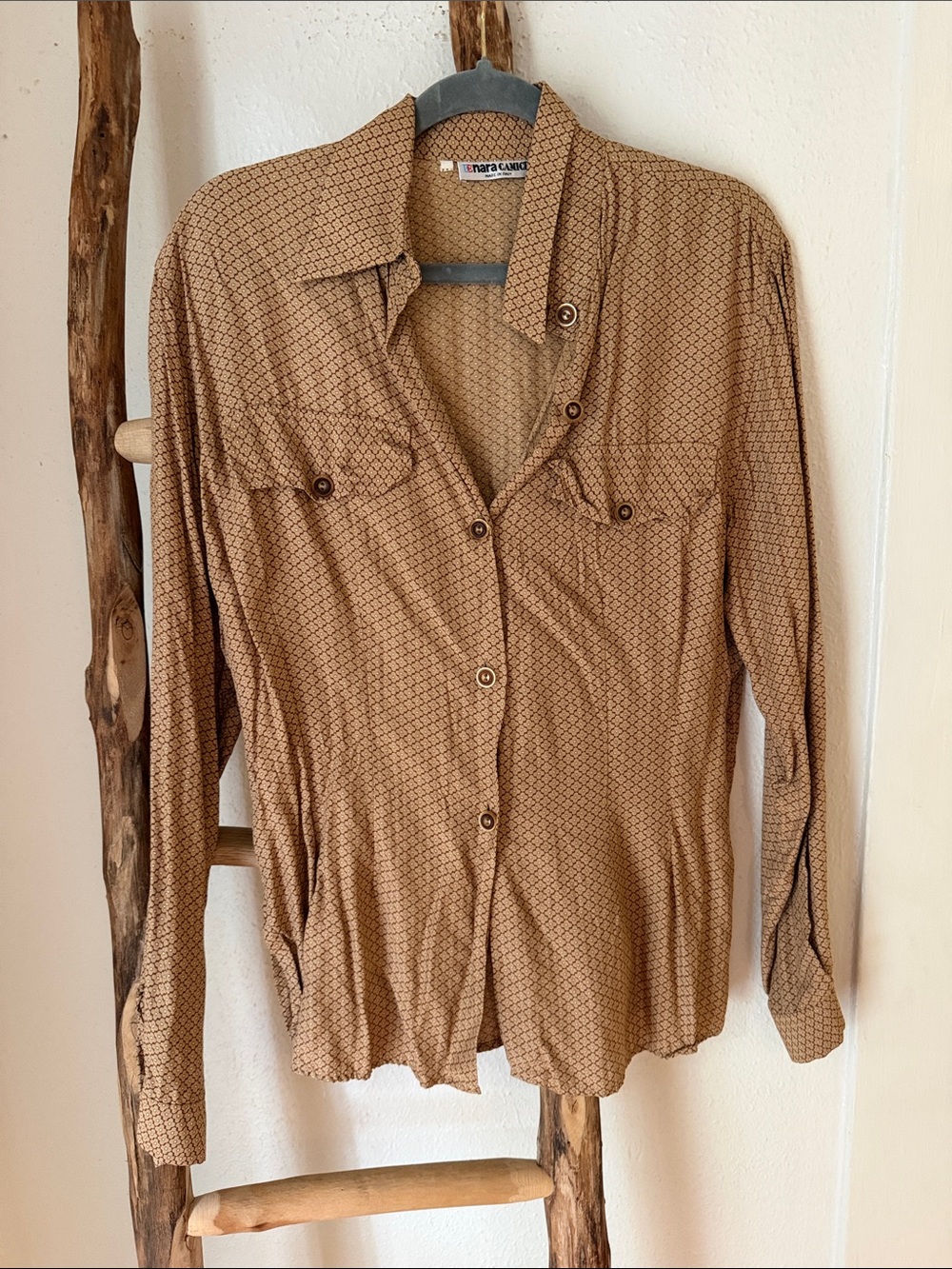 Naracamicie VintagTan Brown Floral Geo Print Long Sleeve Button-Down Shirt M